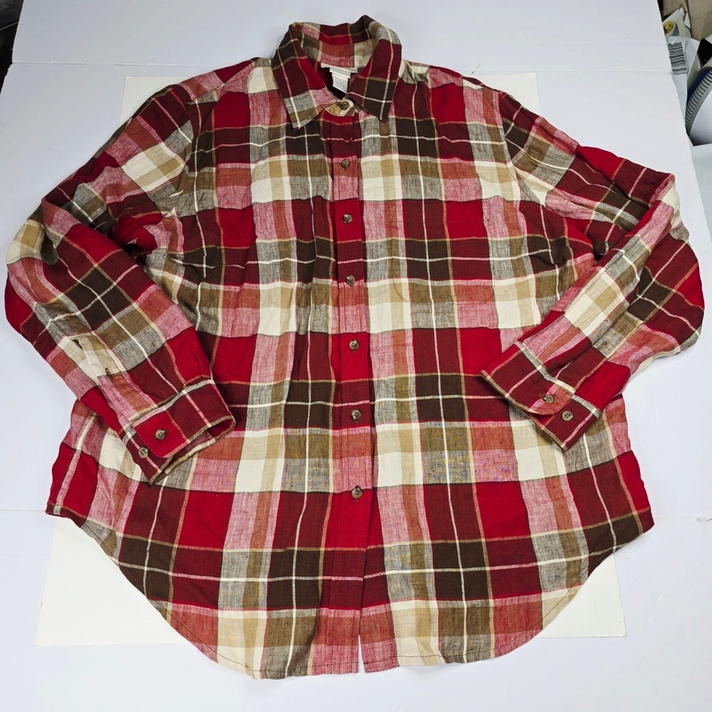 Jones New York Sport‎ Red Plaid Linen Button Down Shirt Womens 1X